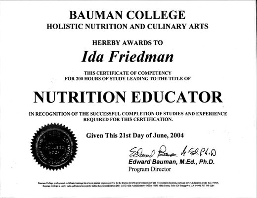 Certified Nutrition Educator, Bauman College certificate