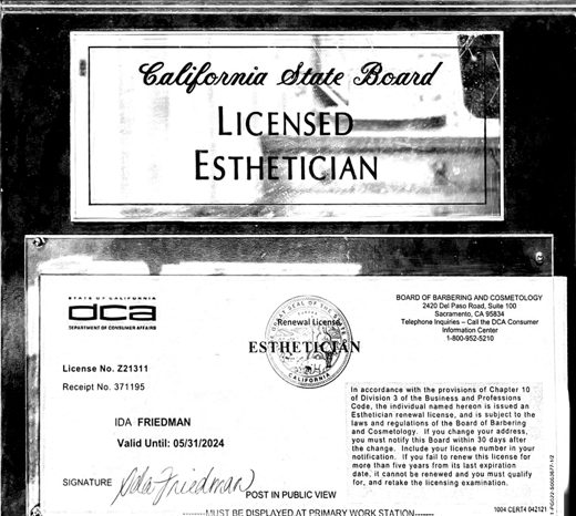 Licensed Esthetician, State of California certificate