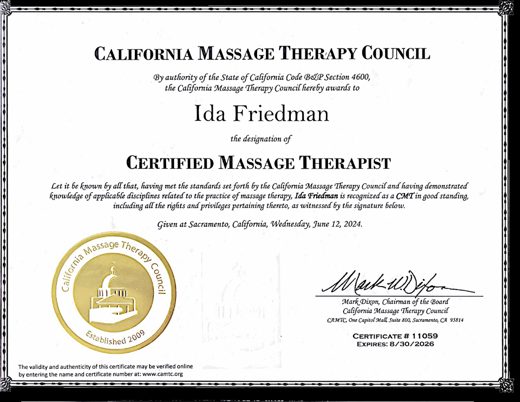 California Certified Massage Therapist certificate